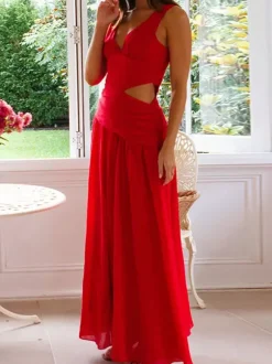 Cut Out Sleeveless Maxi Dress for Women - Boho V Neck Ruched Waist Backless Flowy A Line Sun Dress - Summer Wedding Guest 2026