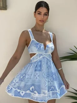 Cutout Waist Mini Sun Dress for Women - Boho Printed V Neck Sleeveless Flare Skater Dress - Summer Beach Party 2026