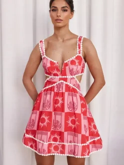 Cutout Waist Mini Sun Dress for Women - Boho Printed V Neck Sleeveless Flare Skater Dress - Summer Beach Party 2026