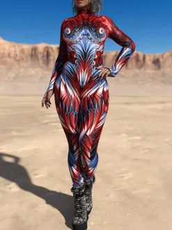 Cyberpunk Patterned Zentai Suits Women's Red Body Thermal Imaging Print Cosplay Jumpsuit Performance Costume Bodysuit Bodycon Large