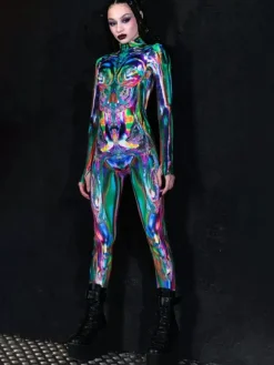 Cyberpunk Patterned Zentai Suits Cosplay Costumes Female Woman Sexy Suit Color Element Blue Muscle Bodysuit Adults High-waisted Sports Jumpsuit