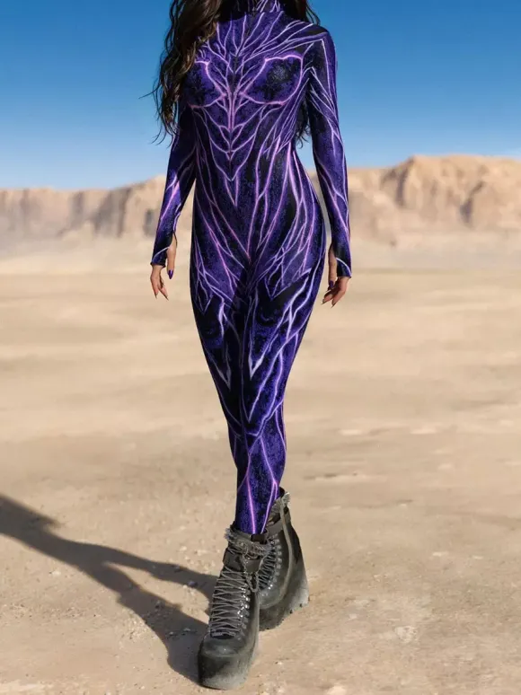 Cyberpunk Patterned Zentai Suits Purple Vein Circuit Women's Bodysuit 3D Printed Biotech Pattern Tight Jumpsuit