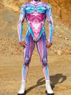 Cyberpunk Patterned Zentai Suits 3D Printing Jumpsuit Robot Bodysuit Cosplay Costume Skeleton Catsuit Men Zentai Party Clothes Elastic Carnival Romper