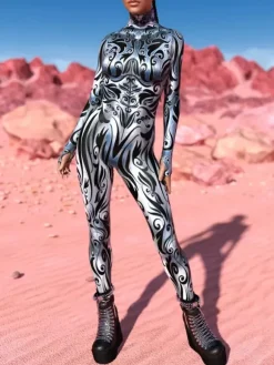 Cyberpunk Patterned Zentai Suits Silver-White Veined Women's Bodysuit 3D Printed Texture Metallic Sheen Jumpsuit