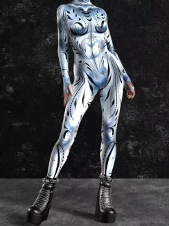 Cyberpunk Patterned Zentai Suits Silver-White Veined Women's Bodysuit 3D Printed Texture Metallic Sheen Jumpsuit