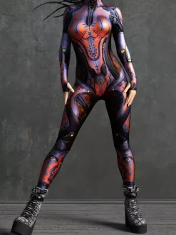 Cyberpunk Women's Zentai Long Sleeves Cybernetic Soldier Metallic Women's Catsuit Zentai
