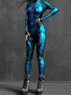 Cyberpunk Women's Zentai Long Sleeves Cybernetic Soldier Metallic Women's Catsuit Zentai