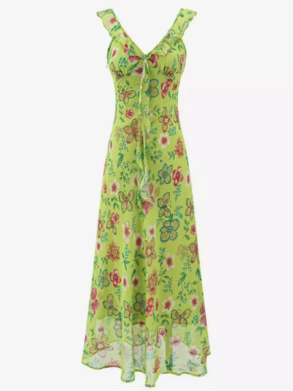 Daily Dresses For Women Red Shaping Flowers Sleeveless V-Neck Raised Waist Printed Dress