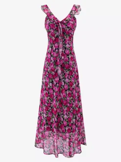 Daily Dresses For Women Red Shaping Flowers Sleeveless V-Neck Raised Waist Printed Dress