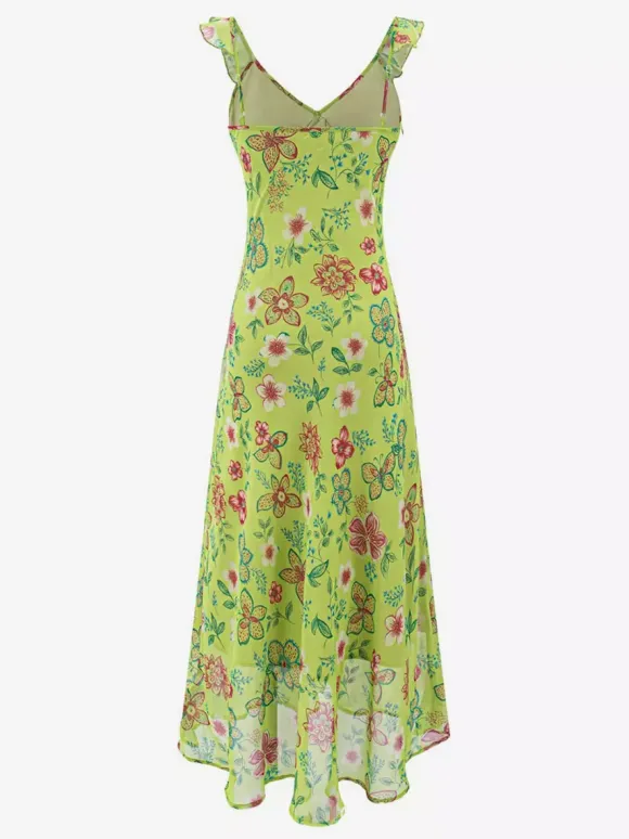 Daily Dresses For Women Red Shaping Flowers Sleeveless V-Neck Raised Waist Printed Dress
