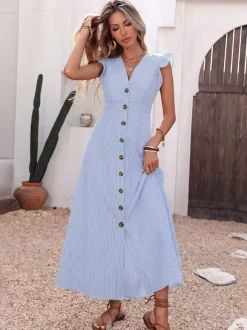 Daily Dresses Maxi Woman's Dress Short Sleeves V-Neck Natural Waist Sweet Buttons Blue Dress