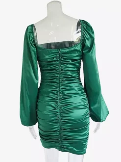 Daily Dresses Mini Green Pleated Long Sleeves Square Neck Glossy Satin Off Shoulder Ruched Slim Party Club Dress