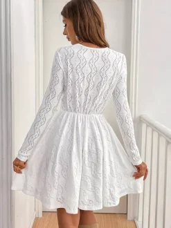 Daily Dresses Mini Woman's Dress Long Sleeves V-Neck Raised Waist Casual Lace White Dress