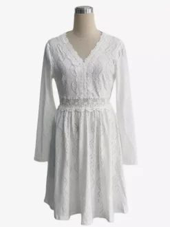 Daily Dresses Mini Woman's Dress Long Sleeves V-Neck Raised Waist Casual Lace White Dress