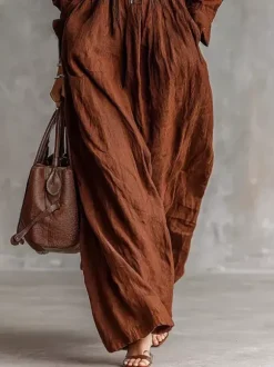 Daily Dresses Women's Maxi Coffee Brown Polyester Long Sleeves V-Neck Raised Waist Dress