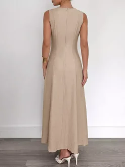 Daily Dresses Camel Sleeveless Knit Maxi Round Neck Slim Fit A Line Casual Dress
