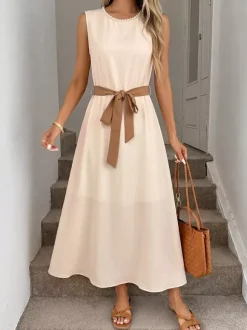 Daily Dresses Casual Midi Cream Satin Sleeveless Pearl Beaded Neckline Self Waist Belt Formal Dress