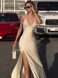 Daily Dresses Deep V Lace Satin Spaghetti Strap Slit Mermaid Maxi Dress