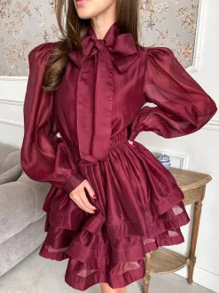 Daily Dresses For Women Mini Burgundy Pleated Long Sleeves Stand Collar Wrap Waist Gown