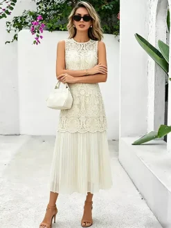 Daily Dresses Maxi Daily For Woman Sleeveless Jewel Neck Natural Waist Chic Lace Dress