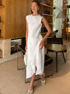 Daily Dresses Maxi For Woman Sleeveless Jewel Neck Natural Waist Elegant White Dress
