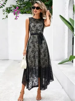 Daily Dresses Maxi Sleeveless Jewel Neck Natural Waist Elegant Lace White Dress