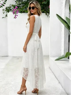 Daily Dresses Maxi Sleeveless Jewel Neck Natural Waist Elegant Lace White Dress