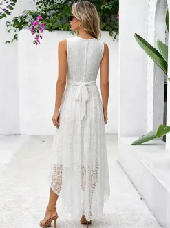Daily Dresses Maxi Sleeveless Jewel Neck Natural Waist Elegant Lace White Dress