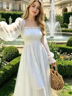 Daily Dresses Maxi Woman's Dress Long Sleeves Square Neck High Rise Waist Academic White Dress
