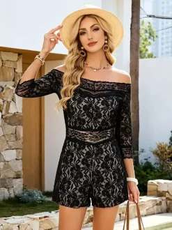 Daily Dresses Mini Black Flowers Half Sleeves Off-The-Shoulder Raised Waist Dress