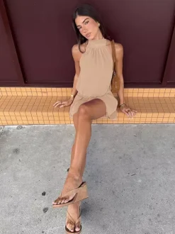 Daily Dresses Mini Khaki Sleeveless Backless High Collar Natural Waist Dress