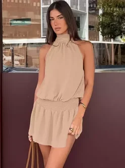 Daily Dresses Mini Khaki Sleeveless Backless High Collar Natural Waist Dress