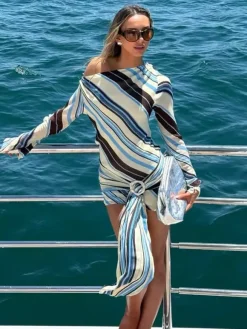 Daily Dresses Woman's Long Sleeves One-Shoulder Chic Purple Dress