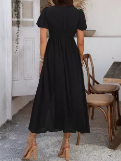 Daily Dresses Woman's Maxi Black Backless Buttons Short Sleeves V-Neck Raised Waist Dress