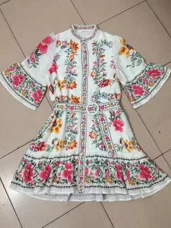 Daily Dresses Woman's Mini Sash Half Sleeves Stand Collar Natural Waist Floral Print Dress