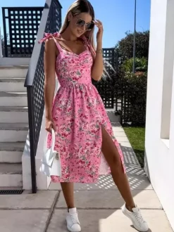 Daily Dresses Women's Midi Pink Lycra Spandex Backless Flowers Sleeveless Strapless Natural Waist Dress