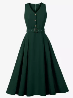 Daily Dresses Women's Sleeveless V Neck Belted Midi Dress Button Front A-Line Flare Dress