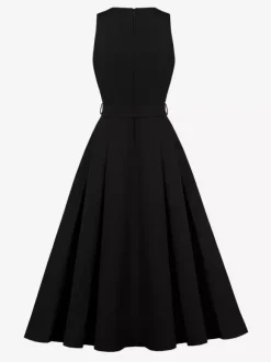 Daily Dresses Women's Sleeveless V Neck Belted Midi Dress Button Front A-Line Flare Dress