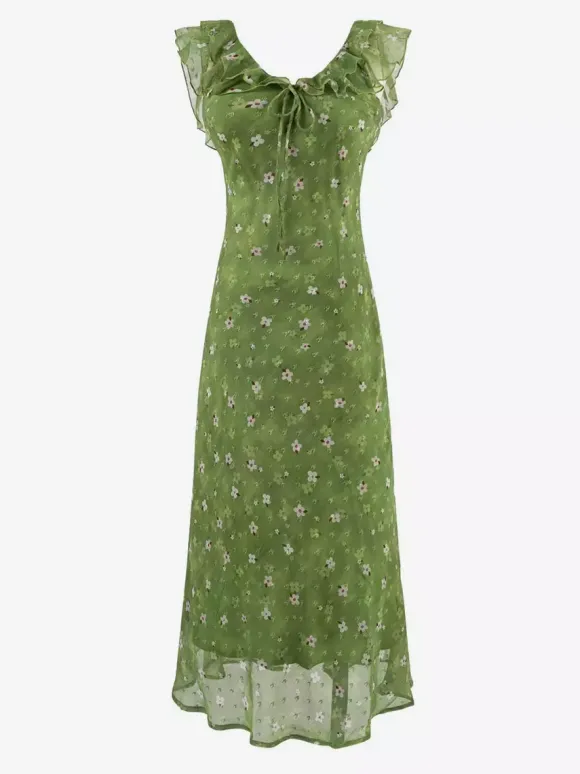 Daily Dresses Women's Sleeveless V-Neck Raised Waist Sweet Flowers Green Dress