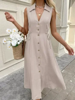 Daily Dress Khaki Sleeveless Collared Shirt V-Neck Button Front Side Drawstring Midi Dress