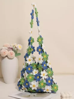 Daisy Floral Crochet Hollow Tote Bag Summer Boho Woven Shoulder Bag Beach Vacation Handbag