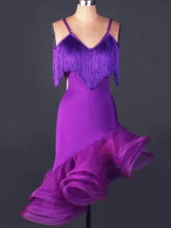 Dance Costumes Latin Dancer Dresses Organza V Neck Spaghetti Strap Fringes Cut Out Irregular Hem Bodycon Dancing Clothes Hallloween