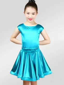 Dance Costumes Latin Dancer Dresses Kids Satin Long Sleeve Round Neck Ballroom Dancing Wears For Girls Carnival