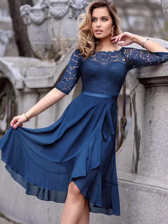 Dark Blue Peplum Short Dress Lace Bodice Boatneck Ribbon Waist Day Dresses