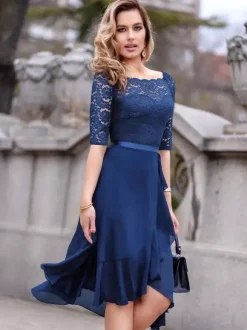 Dark Blue Peplum Short Dress Lace Bodice Boatneck Ribbon Waist Day Dresses