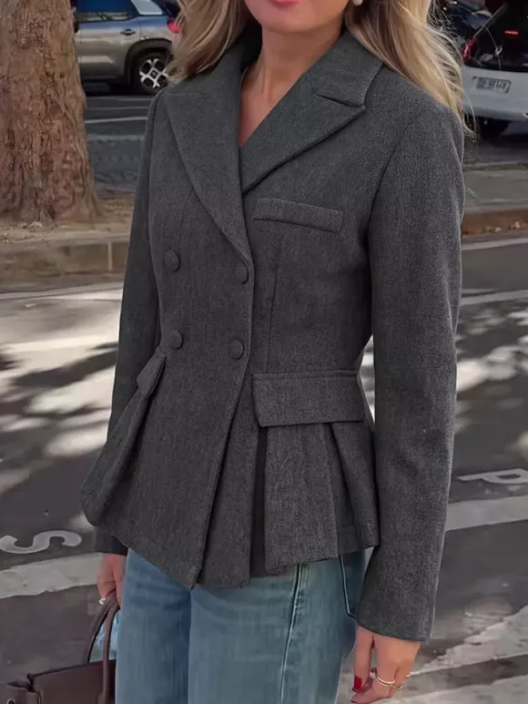 Dark Gray Wool Blend Peplum Blazer Women Double Breasted Lapel Slim Waist Short Suit Jacket