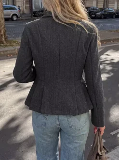 Dark Gray Wool Blend Peplum Blazer Women Double Breasted Lapel Slim Waist Short Suit Jacket