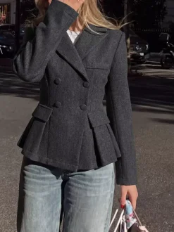 Dark Gray Wool Blend Peplum Blazer Women Double Breasted Lapel Slim Waist Short Suit Jacket