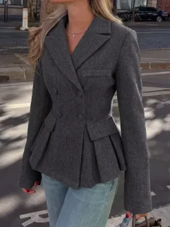 Dark Gray Wool Blend Peplum Blazer Women Double Breasted Lapel Slim Waist Short Suit Jacket