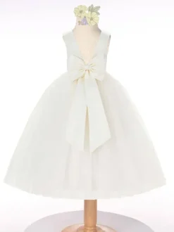 Dark Green Flower Girl Dress Tulle Bows Jewel Neck Sleeveless Kids Birthday Party Dresses